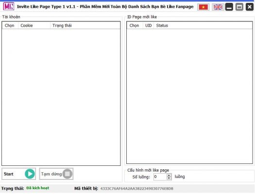 Giao diện Max Like Page V1 - Phần mềm tự động mời bạn bè like fanpage