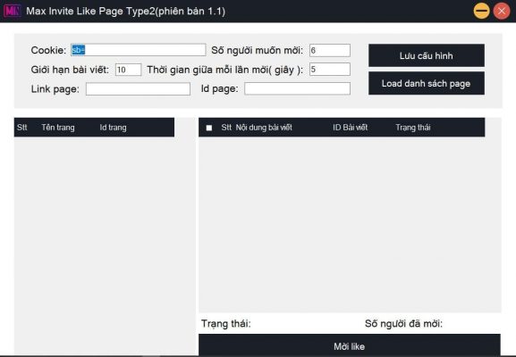 Giao diện Max Like Page V2 - Phần mềm mời người like bài viết like fanpage