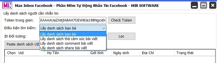 Tùy chỉnh cấu hình cần lấy danh sách người dùng của tool tự động nhắn tin facebook - Max Inbox Facebook