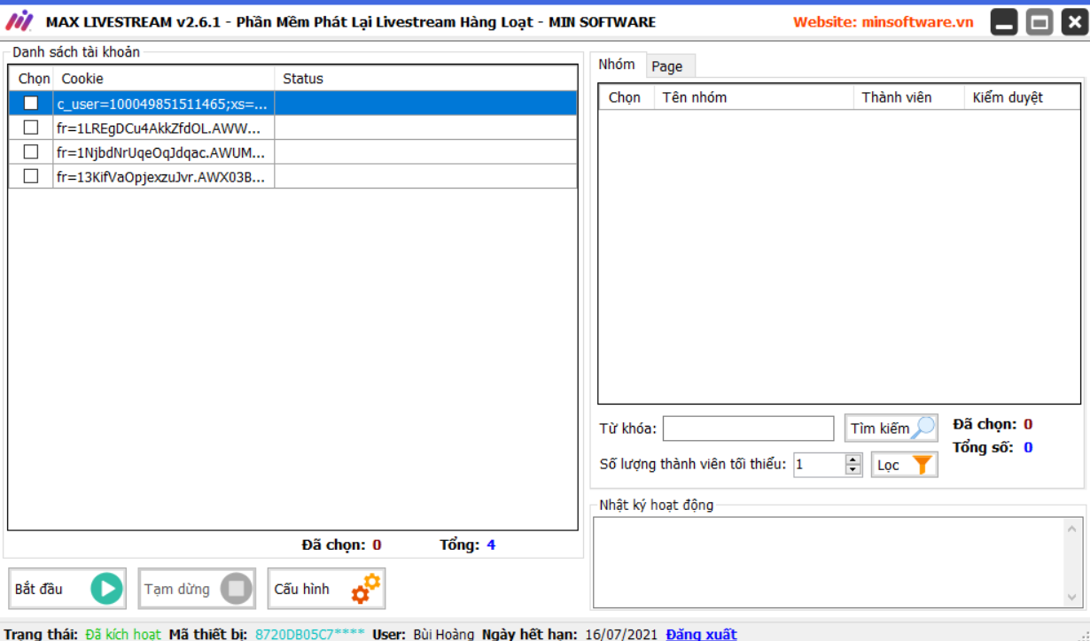 Tool Max Livestream - Phần mềm phát lại livestream, phát video trực tiếp số lượng lớn trên Facebook.