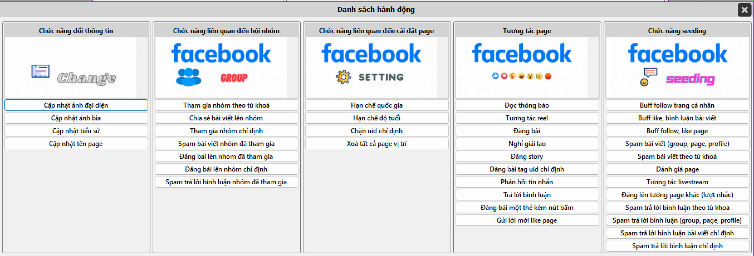 Bảng tính năng của phần mềm quản lí Fanpage Facebook