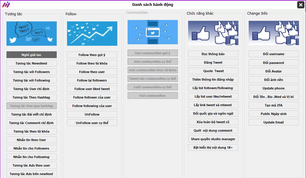 Phần Mềm Đăng Tweet Tự Động - MaxTwitter Pro 1 Bảng tính năng của phần mềm đăng tweet tự động