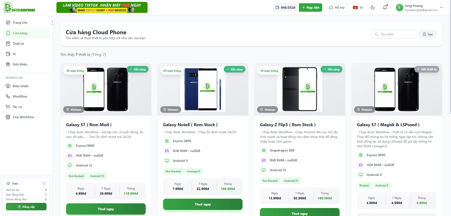 Cửa hàng Cloud Phone thiết bị THẬT